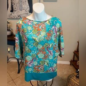 Island Republic Cold Shoulder Top - Seahorse Coral & Shell Pattern - Coastal M
